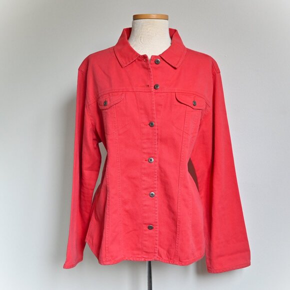 Chico's Y2K 90s Retro Biker Front Button Classic Fit Red Denim Jean Jacket Sz 3 - Picture 2 of 16